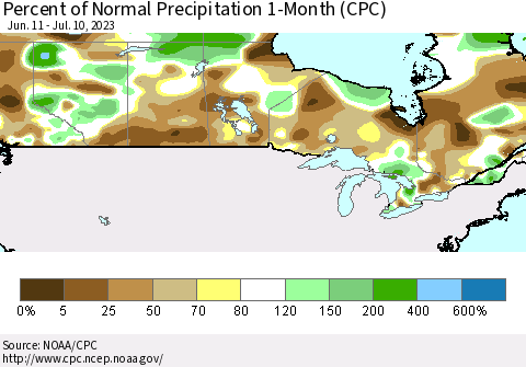 Canada Percent of Normal Precipitation 1-Month (CPC) Thematic Map For 6/11/2023 - 7/10/2023