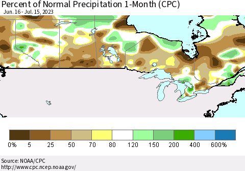 Canada Percent of Normal Precipitation 1-Month (CPC) Thematic Map For 6/16/2023 - 7/15/2023