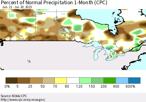Canada Percent of Normal Precipitation 1-Month (CPC) Thematic Map For 6/21/2023 - 7/20/2023