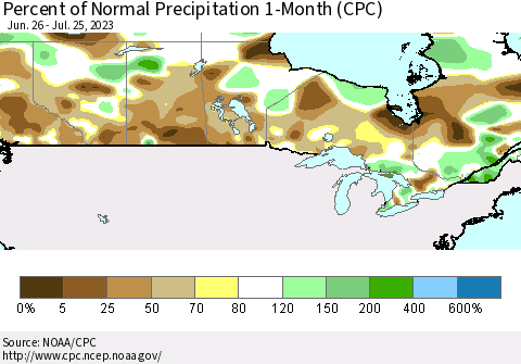 Canada Percent of Normal Precipitation 1-Month (CPC) Thematic Map For 6/26/2023 - 7/25/2023