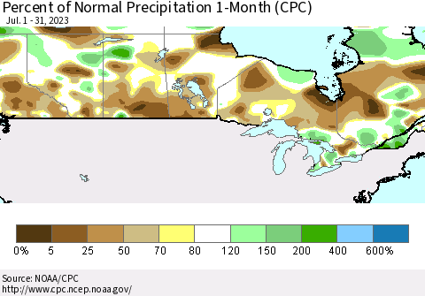 Canada Percent of Normal Precipitation 1-Month (CPC) Thematic Map For 7/1/2023 - 7/31/2023
