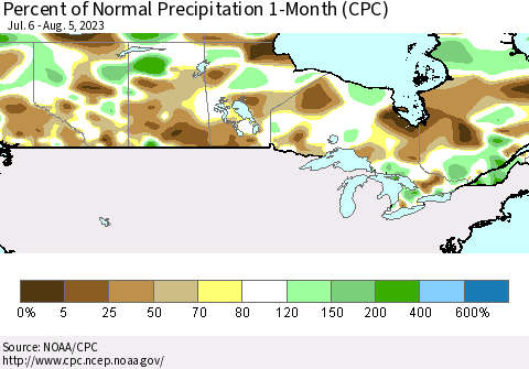 Canada Percent of Normal Precipitation 1-Month (CPC) Thematic Map For 7/6/2023 - 8/5/2023