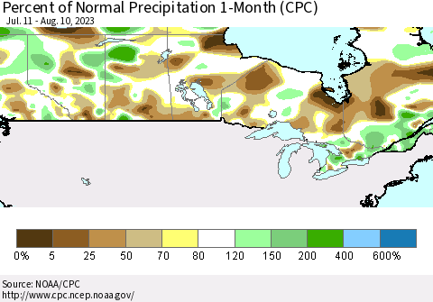 Canada Percent of Normal Precipitation 1-Month (CPC) Thematic Map For 7/11/2023 - 8/10/2023