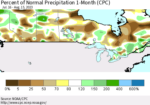 Canada Percent of Normal Precipitation 1-Month (CPC) Thematic Map For 7/16/2023 - 8/15/2023