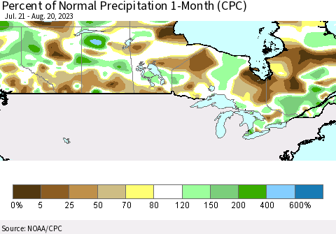 Canada Percent of Normal Precipitation 1-Month (CPC) Thematic Map For 7/21/2023 - 8/20/2023