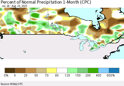 Canada Percent of Normal Precipitation 1-Month (CPC) Thematic Map For 7/26/2023 - 8/25/2023
