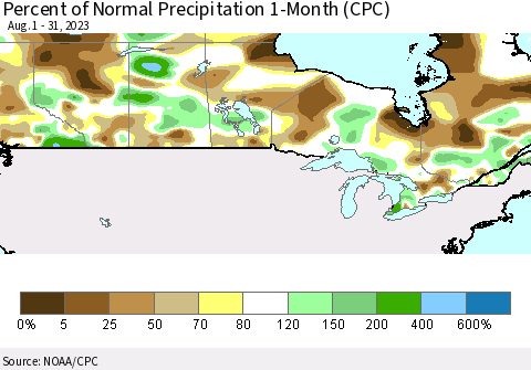 Canada Percent of Normal Precipitation 1-Month (CPC) Thematic Map For 8/1/2023 - 8/31/2023
