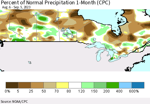 Canada Percent of Normal Precipitation 1-Month (CPC) Thematic Map For 8/6/2023 - 9/5/2023