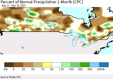Canada Percent of Normal Precipitation 1-Month (CPC) Thematic Map For 8/11/2023 - 9/10/2023