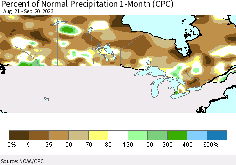 Canada Percent of Normal Precipitation 1-Month (CPC) Thematic Map For 8/21/2023 - 9/20/2023