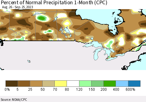 Canada Percent of Normal Precipitation 1-Month (CPC) Thematic Map For 8/26/2023 - 9/25/2023