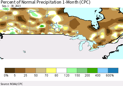 Canada Percent of Normal Precipitation 1-Month (CPC) Thematic Map For 9/1/2023 - 9/30/2023