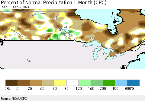 Canada Percent of Normal Precipitation 1-Month (CPC) Thematic Map For 9/6/2023 - 10/5/2023