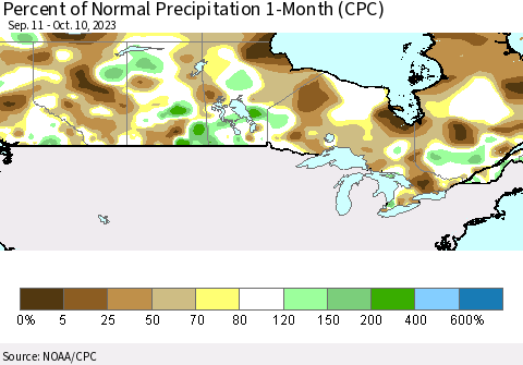 Canada Percent of Normal Precipitation 1-Month (CPC) Thematic Map For 9/11/2023 - 10/10/2023