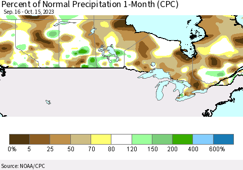 Canada Percent of Normal Precipitation 1-Month (CPC) Thematic Map For 9/16/2023 - 10/15/2023