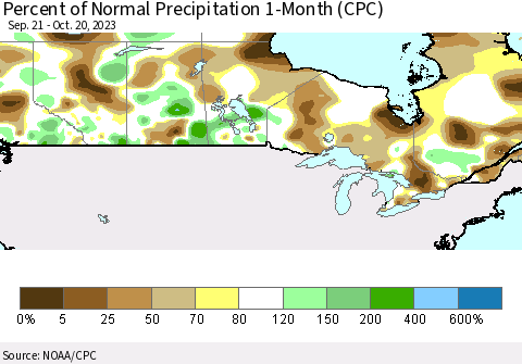 Canada Percent of Normal Precipitation 1-Month (CPC) Thematic Map For 9/21/2023 - 10/20/2023