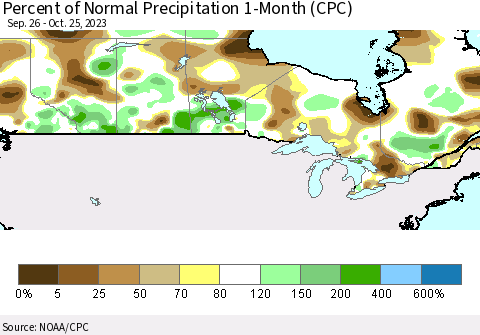 Canada Percent of Normal Precipitation 1-Month (CPC) Thematic Map For 9/26/2023 - 10/25/2023