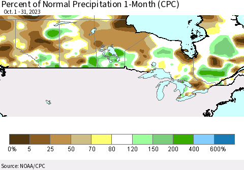 Canada Percent of Normal Precipitation 1-Month (CPC) Thematic Map For 10/1/2023 - 10/31/2023