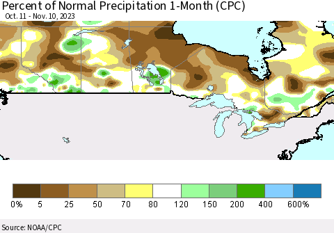 Canada Percent of Normal Precipitation 1-Month (CPC) Thematic Map For 10/11/2023 - 11/10/2023