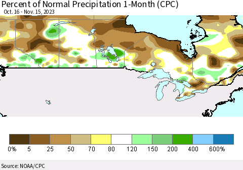 Canada Percent of Normal Precipitation 1-Month (CPC) Thematic Map For 10/16/2023 - 11/15/2023