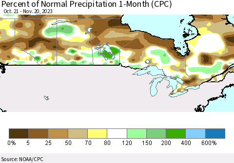 Canada Percent of Normal Precipitation 1-Month (CPC) Thematic Map For 10/21/2023 - 11/20/2023