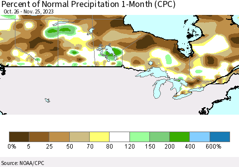 Canada Percent of Normal Precipitation 1-Month (CPC) Thematic Map For 10/26/2023 - 11/25/2023