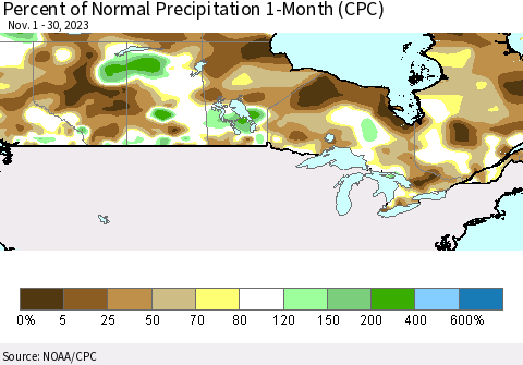 Canada Percent of Normal Precipitation 1-Month (CPC) Thematic Map For 11/1/2023 - 11/30/2023