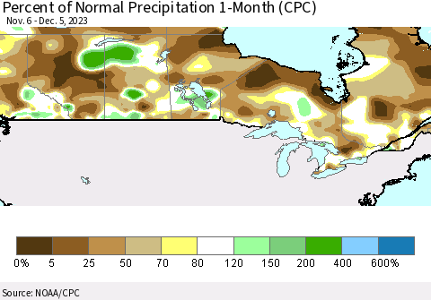 Canada Percent of Normal Precipitation 1-Month (CPC) Thematic Map For 11/6/2023 - 12/5/2023