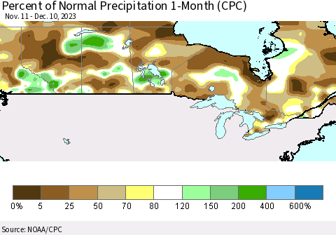Canada Percent of Normal Precipitation 1-Month (CPC) Thematic Map For 11/11/2023 - 12/10/2023