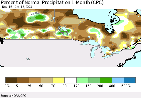 Canada Percent of Normal Precipitation 1-Month (CPC) Thematic Map For 11/16/2023 - 12/15/2023