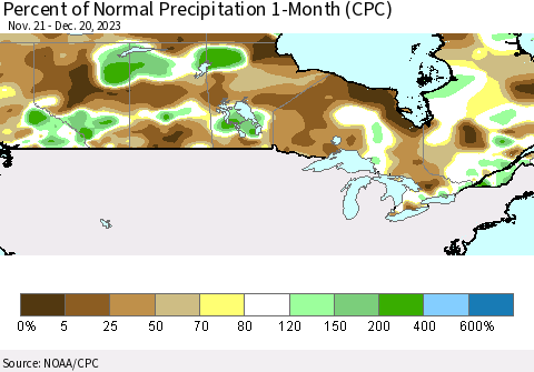 Canada Percent of Normal Precipitation 1-Month (CPC) Thematic Map For 11/21/2023 - 12/20/2023