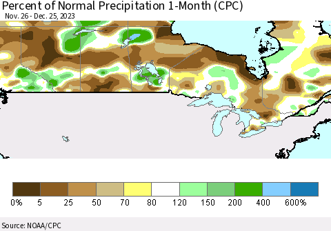 Canada Percent of Normal Precipitation 1-Month (CPC) Thematic Map For 11/26/2023 - 12/25/2023