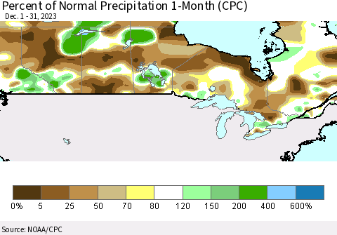Canada Percent of Normal Precipitation 1-Month (CPC) Thematic Map For 12/1/2023 - 12/31/2023