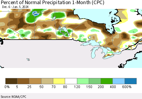 Canada Percent of Normal Precipitation 1-Month (CPC) Thematic Map For 12/6/2023 - 1/5/2024