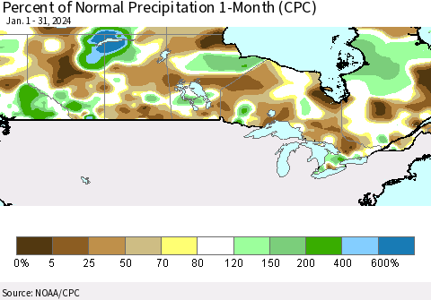 Canada Percent of Normal Precipitation 1-Month (CPC) Thematic Map For 1/1/2024 - 1/31/2024