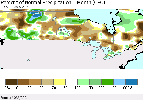 Canada Percent of Normal Precipitation 1-Month (CPC) Thematic Map For 1/6/2024 - 2/5/2024