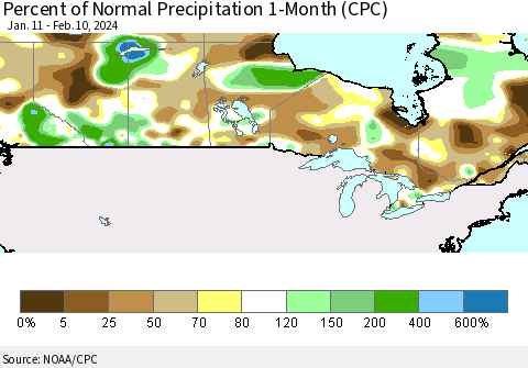 Canada Percent of Normal Precipitation 1-Month (CPC) Thematic Map For 1/11/2024 - 2/10/2024