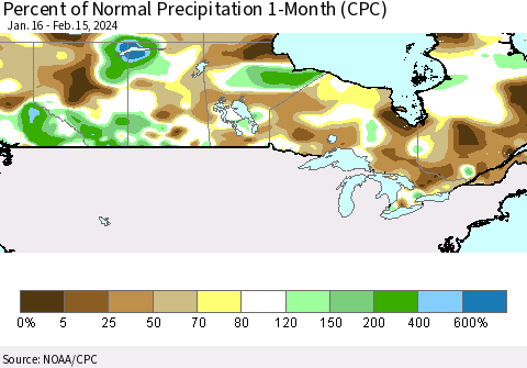 Canada Percent of Normal Precipitation 1-Month (CPC) Thematic Map For 1/16/2024 - 2/15/2024