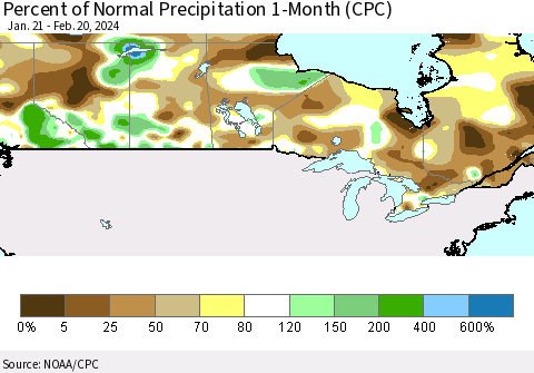 Canada Percent of Normal Precipitation 1-Month (CPC) Thematic Map For 1/21/2024 - 2/20/2024