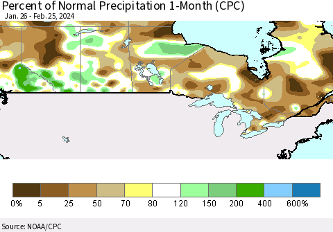 Canada Percent of Normal Precipitation 1-Month (CPC) Thematic Map For 1/26/2024 - 2/25/2024