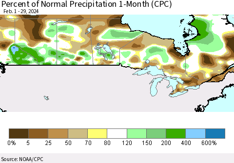 Canada Percent of Normal Precipitation 1-Month (CPC) Thematic Map For 2/1/2024 - 2/29/2024
