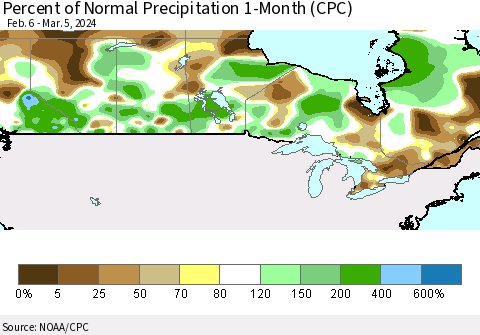 Canada Percent of Normal Precipitation 1-Month (CPC) Thematic Map For 2/6/2024 - 3/5/2024