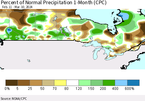 Canada Percent of Normal Precipitation 1-Month (CPC) Thematic Map For 2/11/2024 - 3/10/2024
