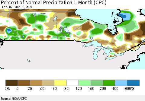 Canada Percent of Normal Precipitation 1-Month (CPC) Thematic Map For 2/16/2024 - 3/15/2024