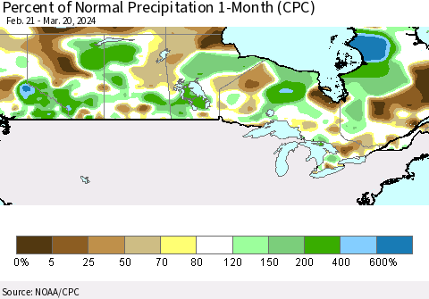 Canada Percent of Normal Precipitation 1-Month (CPC) Thematic Map For 2/21/2024 - 3/20/2024