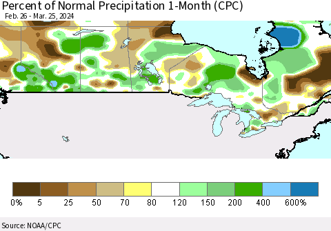 Canada Percent of Normal Precipitation 1-Month (CPC) Thematic Map For 2/26/2024 - 3/25/2024