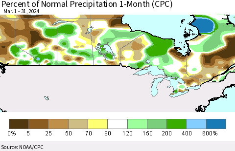 Canada Percent of Normal Precipitation 1-Month (CPC) Thematic Map For 3/1/2024 - 3/31/2024