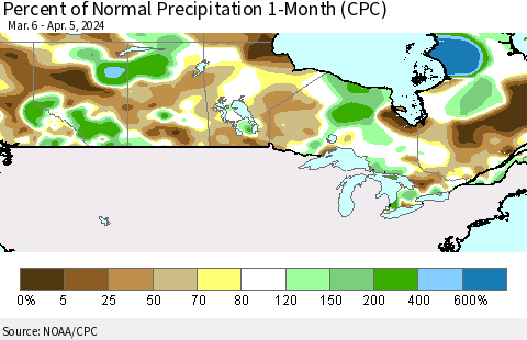 Canada Percent of Normal Precipitation 1-Month (CPC) Thematic Map For 3/6/2024 - 4/5/2024