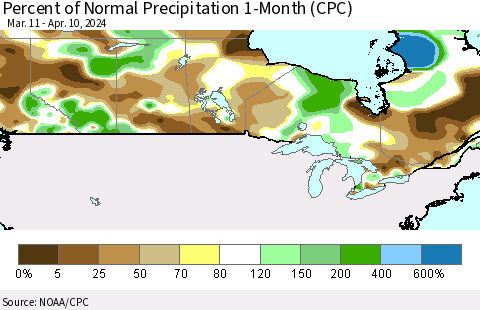 Canada Percent of Normal Precipitation 1-Month (CPC) Thematic Map For 3/11/2024 - 4/10/2024