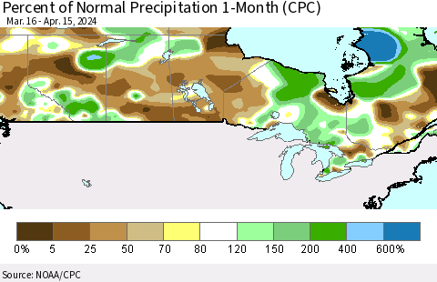 Canada Percent of Normal Precipitation 1-Month (CPC) Thematic Map For 3/16/2024 - 4/15/2024
